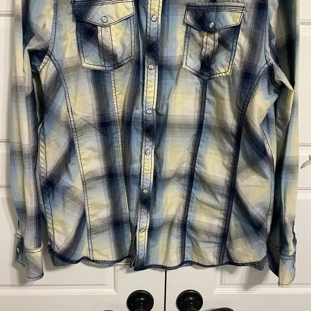 BKE Relaxed Fit Button Up Shirt‎ Men's XL BluePlaid Pearl Snap Long Sleeve